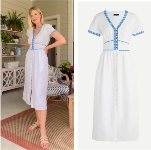 J. CREW 100% Linen Embroidered Midi Dress | 4 - Picture 1 of 11